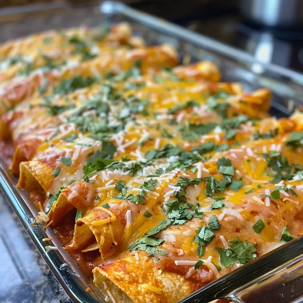 Side angle of Easy Leftover Turkey Enchiladas layered with cheese, green chilies, and garnished with cilantro.