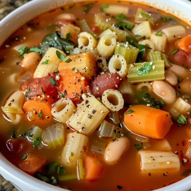 Close-up view of a bowl of vibrant Easy Minestrone Soup filled with vegetables and pasta.