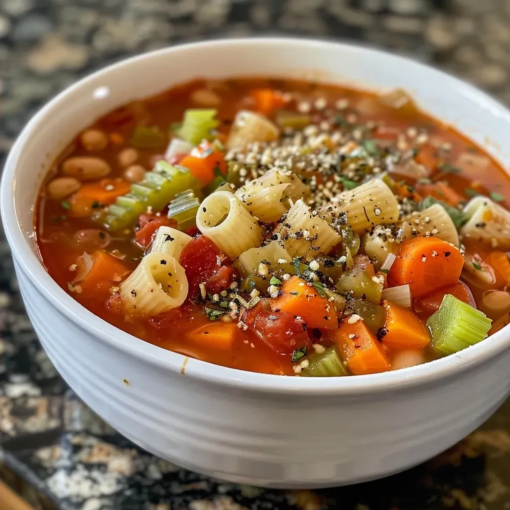 Side angle photo of a delicious steaming bowl of Easy Minestrone Soup with colorful ingredients.