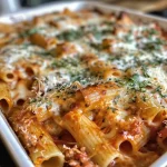 Close-up of a baked pasta dish with melted cheese topping.