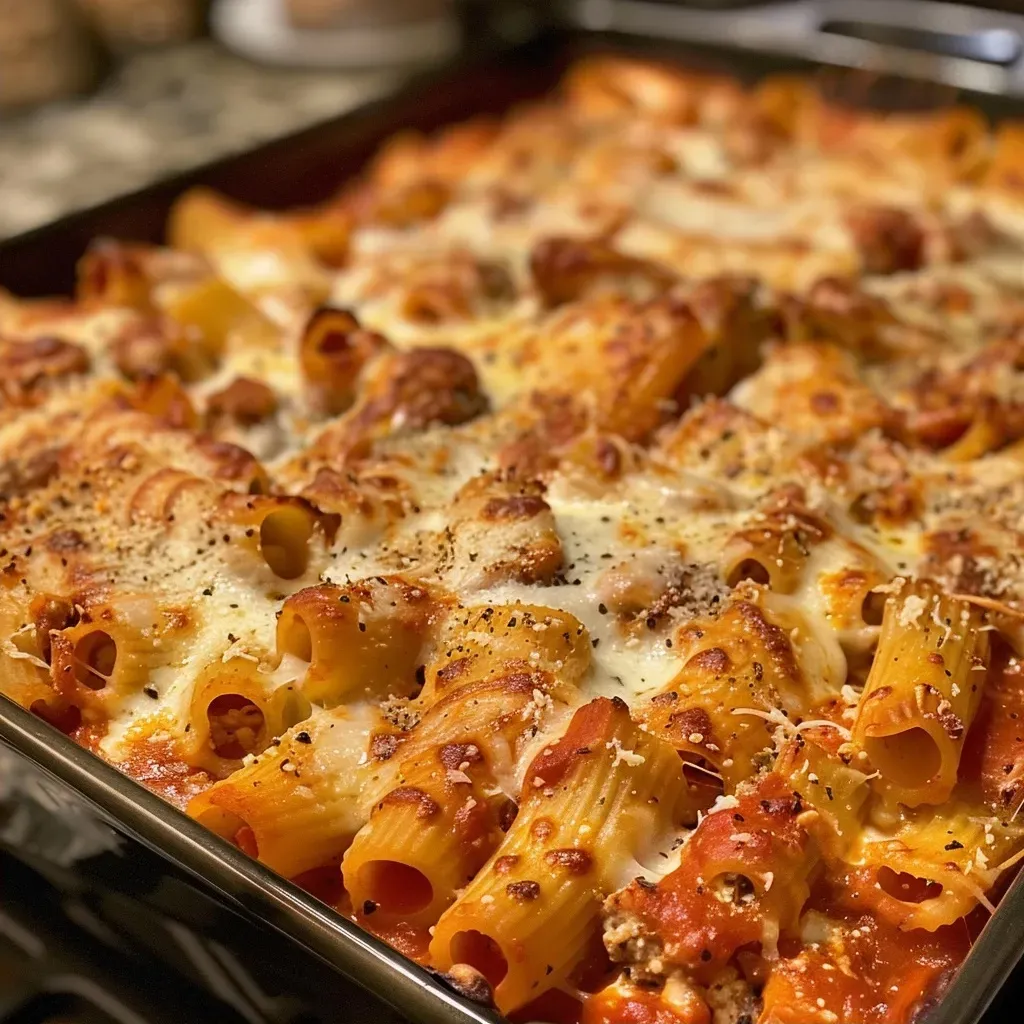 Side view of a hearty pasta bake, showcasing layers of pasta and sauce.