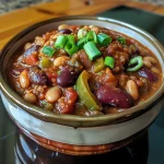 Close-up of a bowl of vibrant three bean chili topped with green onions and lime wedges.