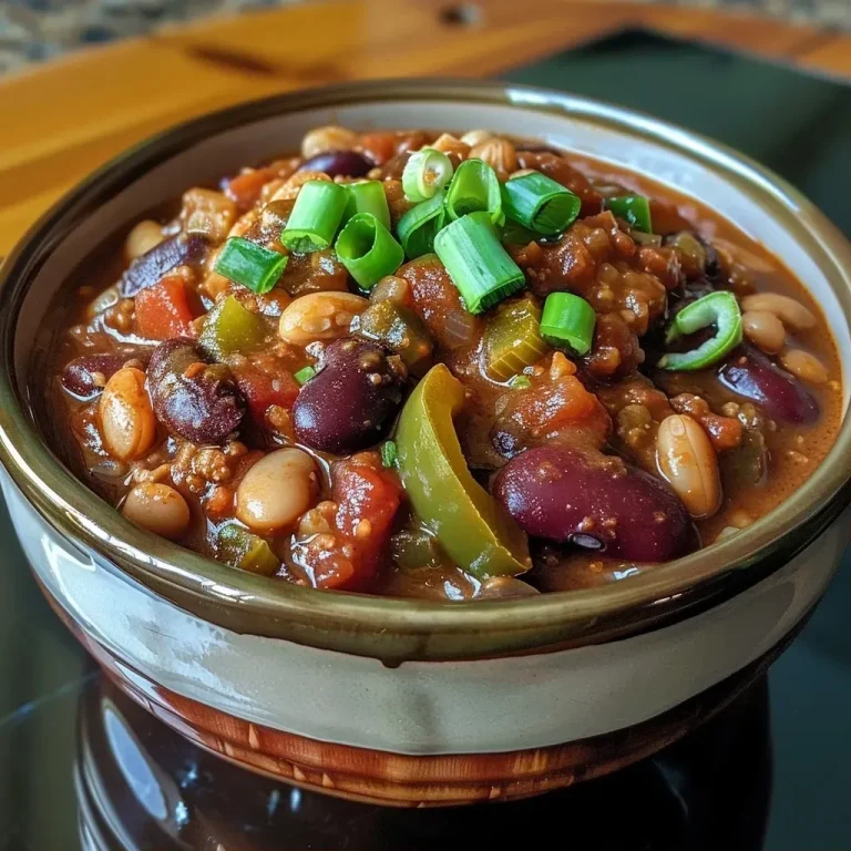 Close-up of a bowl of vibrant three bean chili topped with green onions and lime wedges.