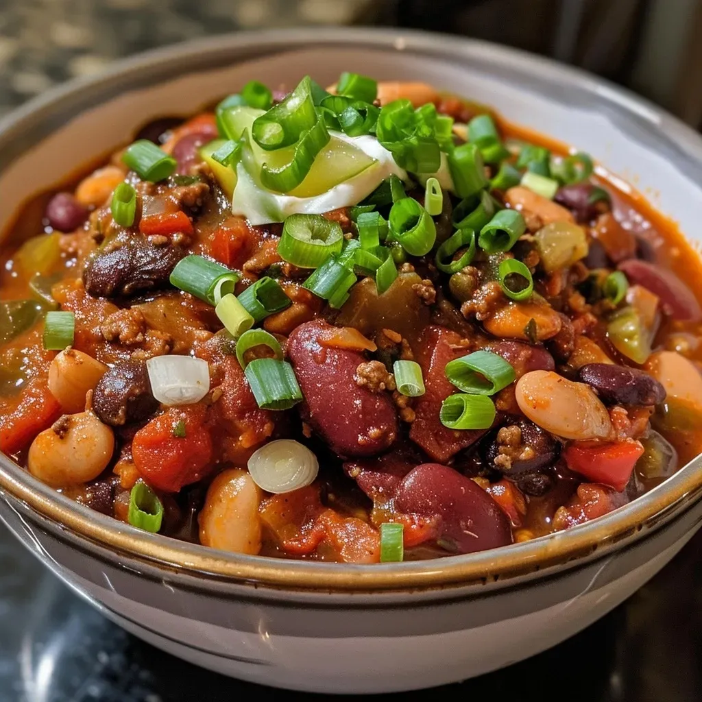 Side view of a steaming bowl of three bean chili, revealing ingredients like black beans, kidney beans, and jalapenos.