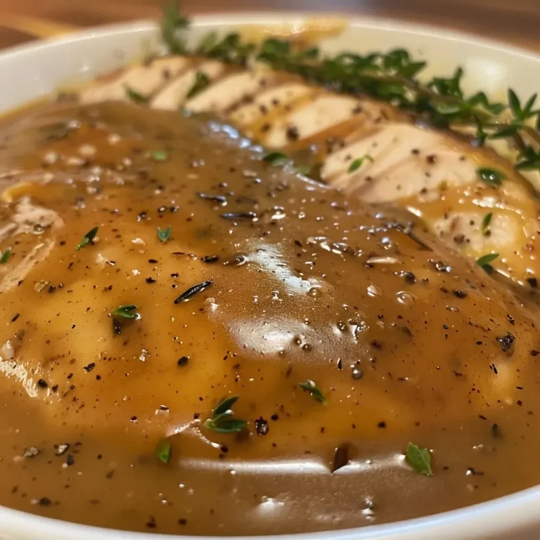 A close-up side view of a bowl of Easy Turkey Gravy, showcasing its rich, glossy texture.