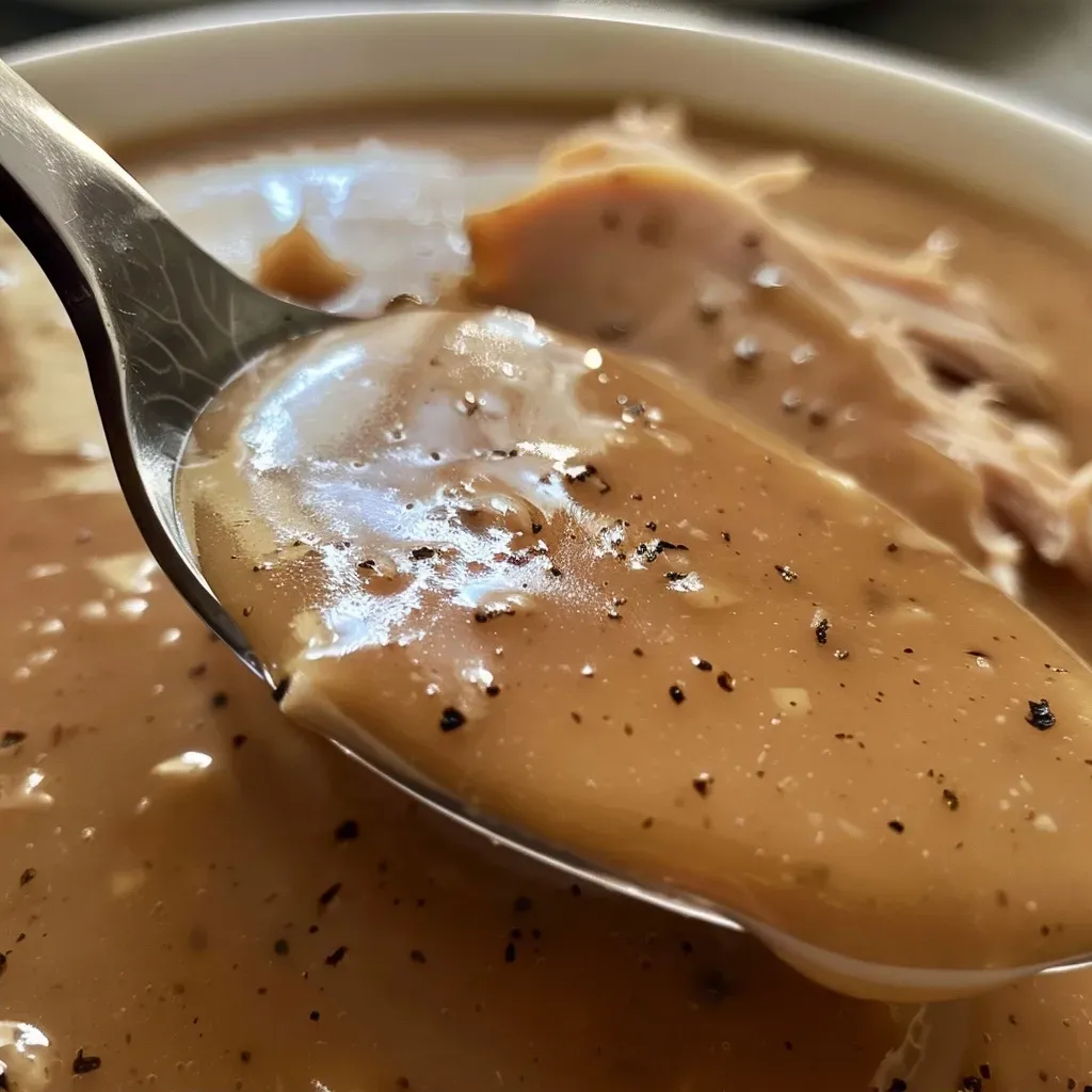 Juicy turkey gravy in a bowl, with steam rising, emphasizing its warm and inviting appearance.