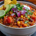 Close-up side view of a bowl of vibrant vegetarian chili garnished with avocado and cilantro.