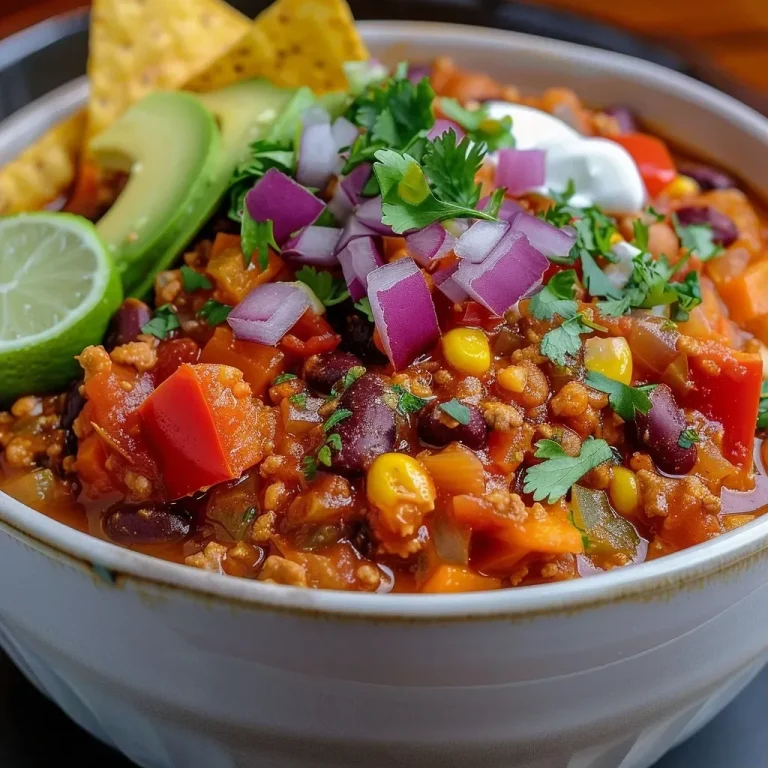 Close-up side view of a bowl of vibrant vegetarian chili garnished with avocado and cilantro.