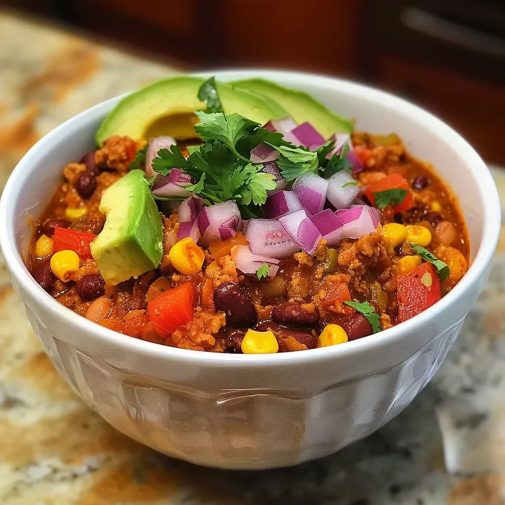 Juicy vegetarian chili filled with beans and vegetables, served in a rustic bowl, topped with fresh ingredients.