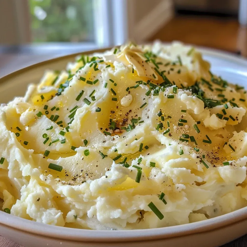 Side angle of fluffy garlic and herb mashed potatoes garnished with fresh chives.