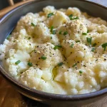Creamy garlic and Parmesan cauliflower mash in a bowl, garnished with chives.