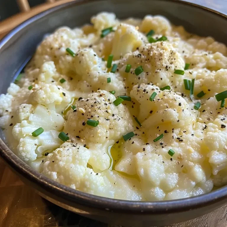 Creamy garlic and Parmesan cauliflower mash in a bowl, garnished with chives.