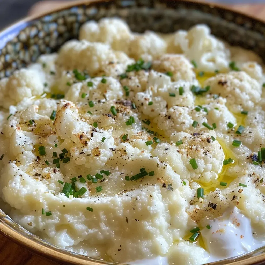 Side view of a dish filled with smooth garlic and Parmesan cauliflower mash.