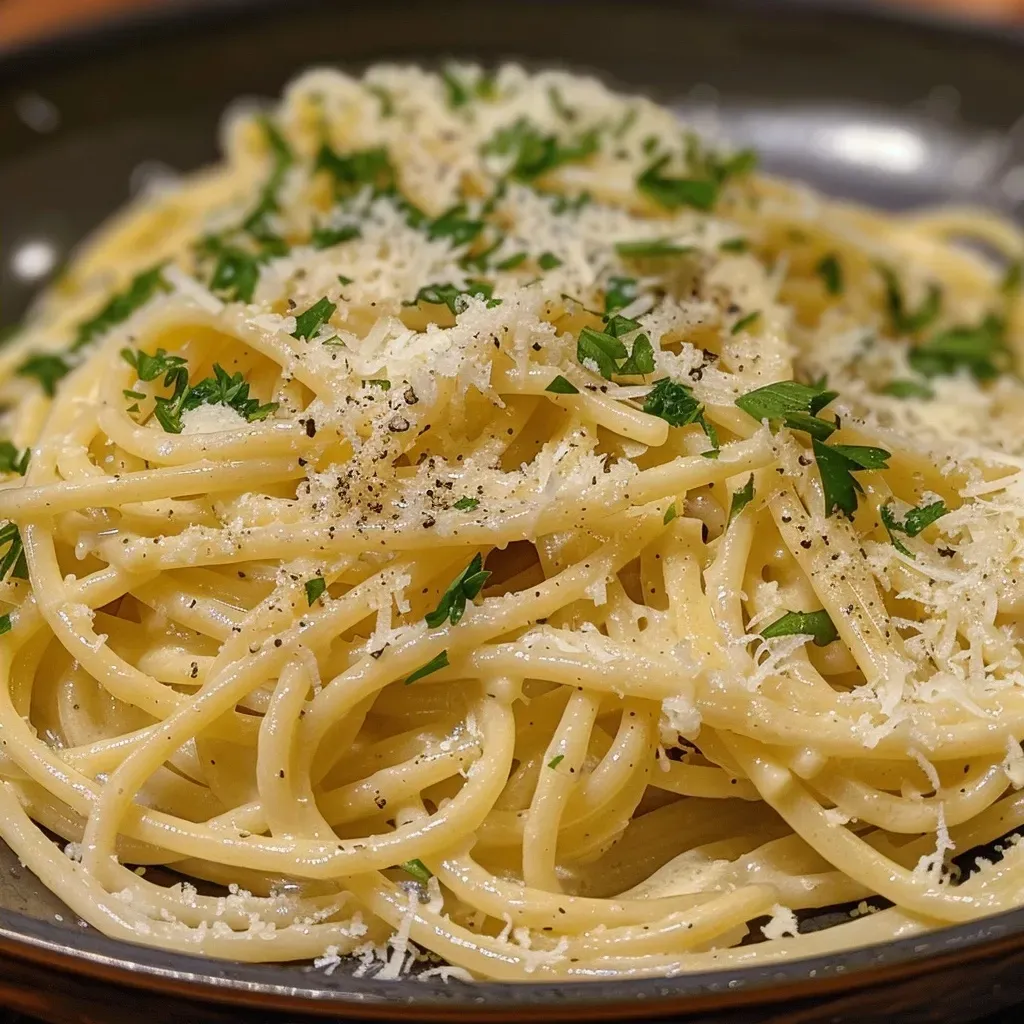 Side view of garlic butter spaghetti garnished with freshly chopped parsley.