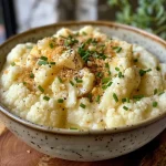 A close up of creamy garlic cauliflower purée in a bowl with fresh chives on top.