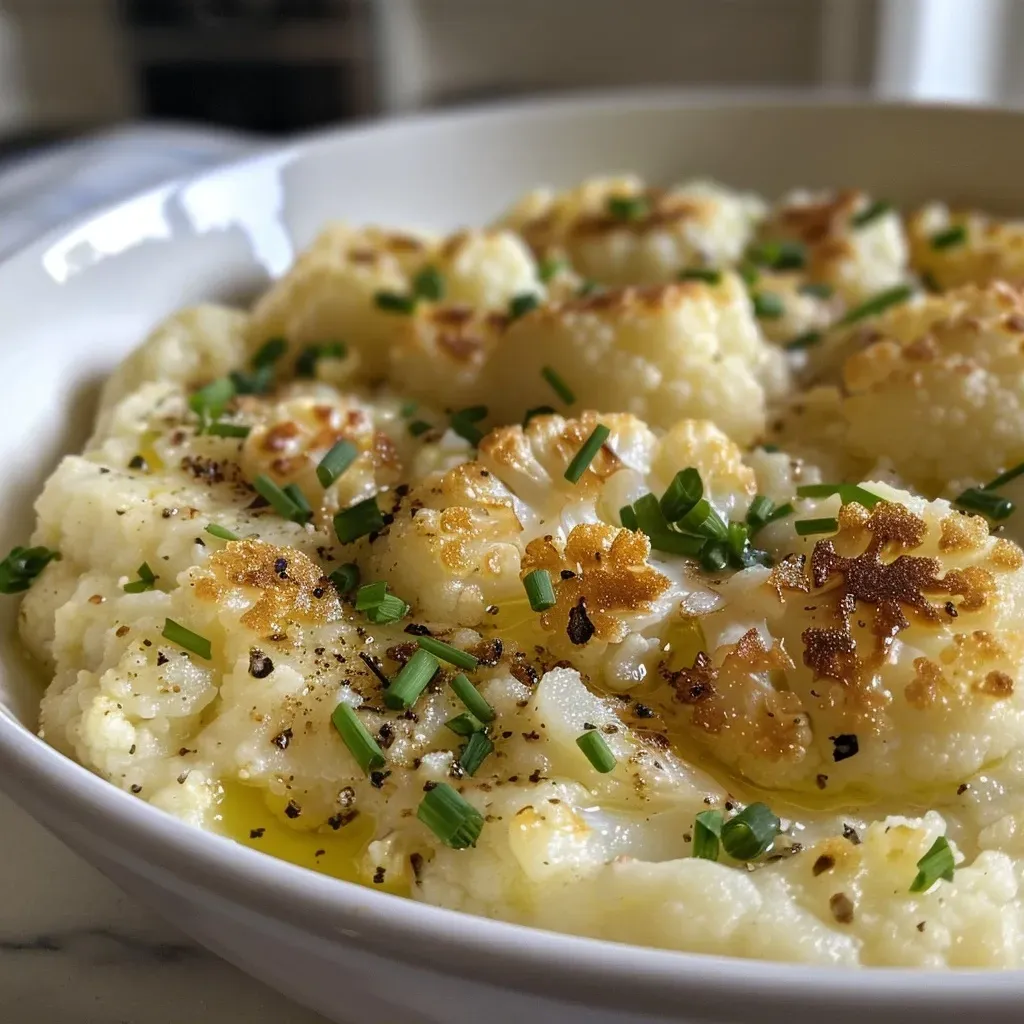 Side view of smooth garlic cauliflower purée garnished with chopped chives in a white dish.