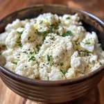 Close-up of creamy garlic mashed cauliflower with a garnish.