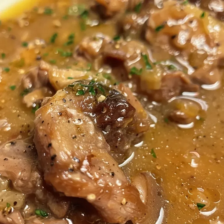 Nourishing Nostalgia: Grandma’s Giblet Gravy Made Easy A close-up view of rich, brown Giblet Gravy in a white bowl, garnished with herbs.