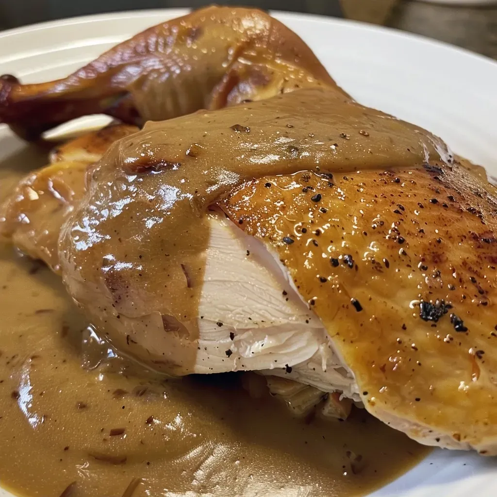 Side angle of mouth-watering Giblet Gravy, highlighting its glossy surface and chunky ingredients.