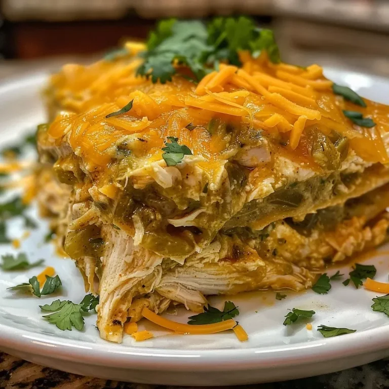 Cozy Up with This Easy Green Chile Chicken Casserole Close-up view of a creamy Green Chile Chicken Casserole, garnished with chopped cilantro.