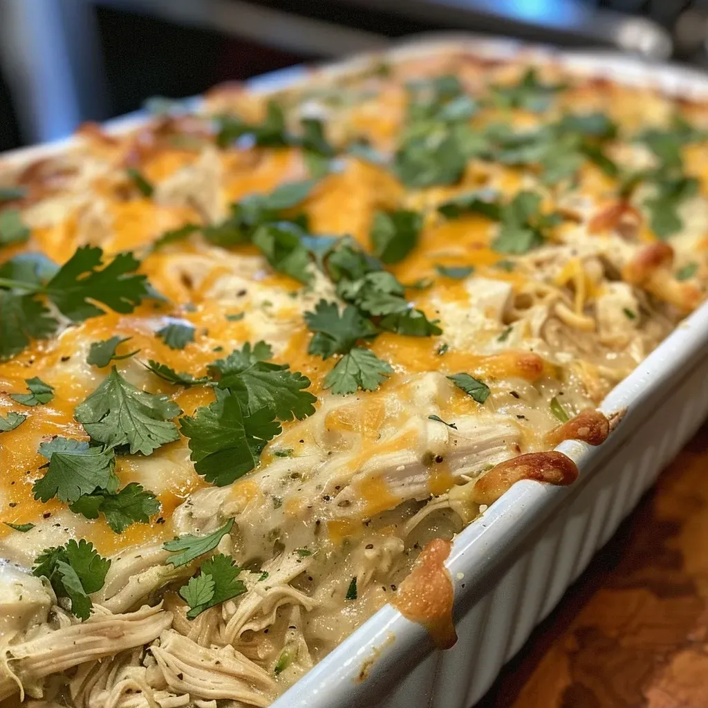 Side view of a delicious Green Chile Chicken Casserole, showcasing layers of chicken and cheese.
