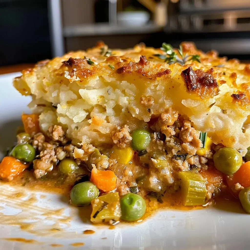Side view of Shepherd's Pie featuring ground turkey and a creamy potato topping.