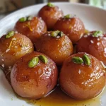 Juicy Gulab Jamun in a close-up side view, showcasing a golden-brown exterior.