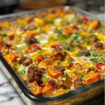 A close-up view of a delicious Healthy Egg & Sausage Casserole with colorful ingredients.