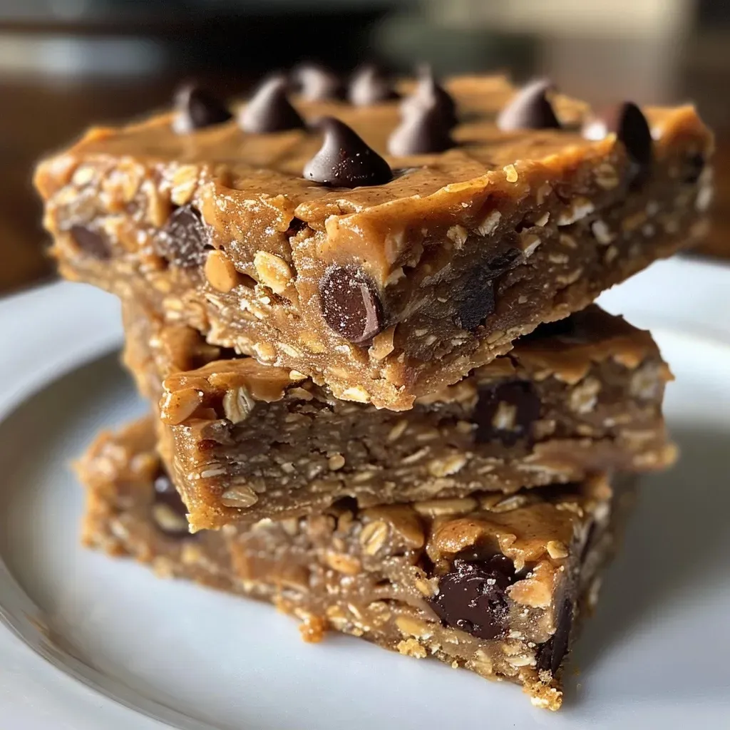 Side view of a juicy peanut butter bar on a plate with a sprinkle of chocolate chips.