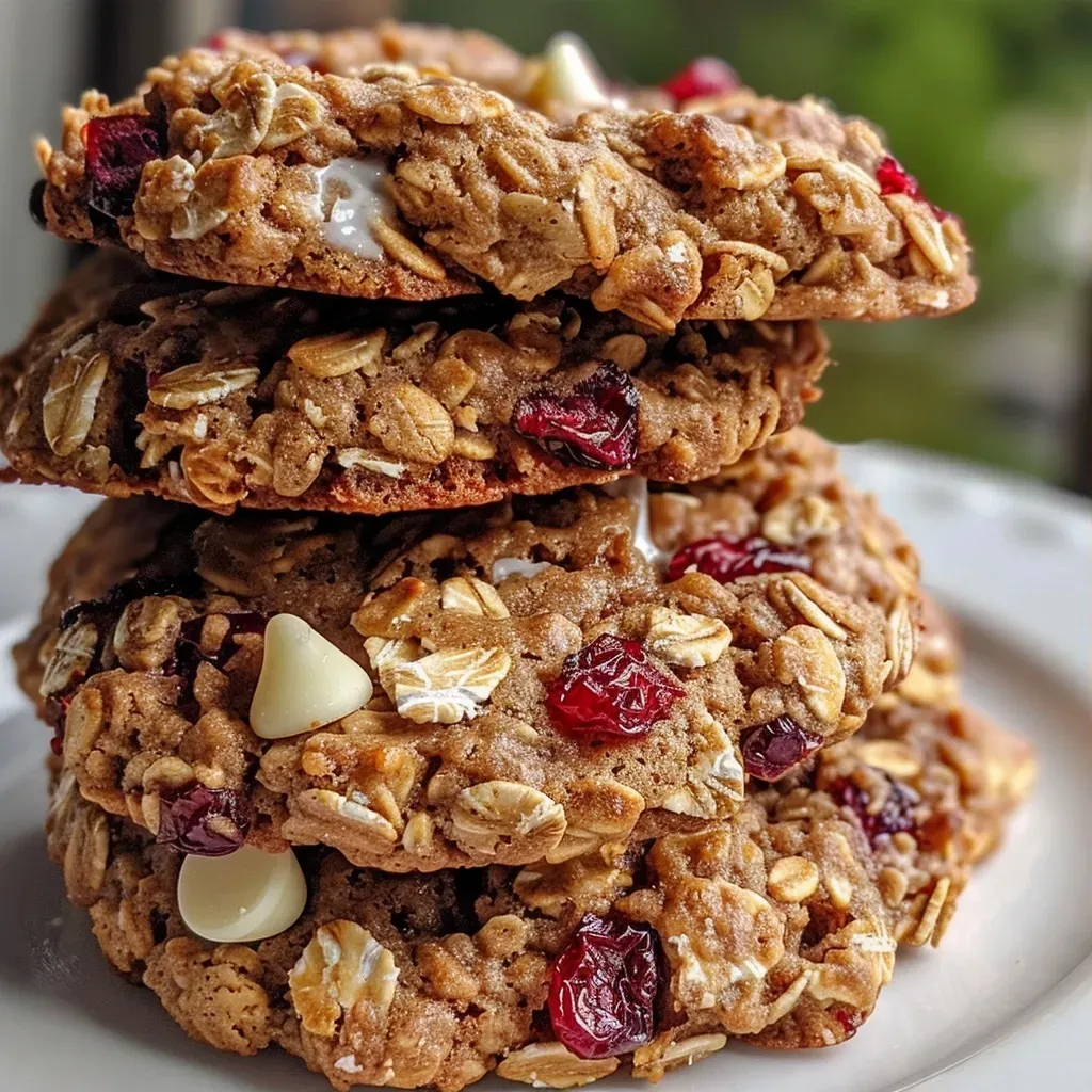 Close-up view of healthy white chocolate cranberry cookies with a golden-brown exterior and chunks of cranberries.