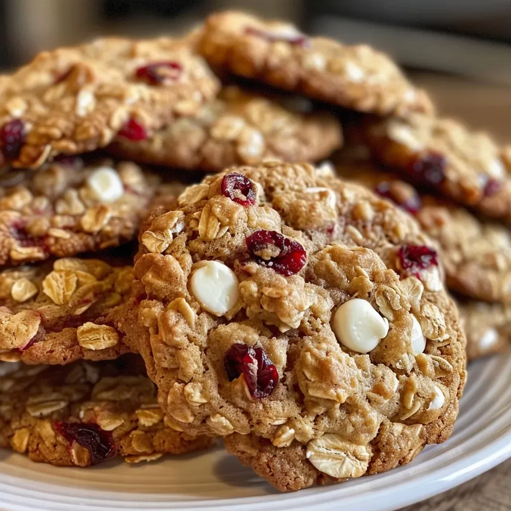 Side view of freshly baked healthy cookies, showcasing white chocolate chips and cranberries, with a textured surface.