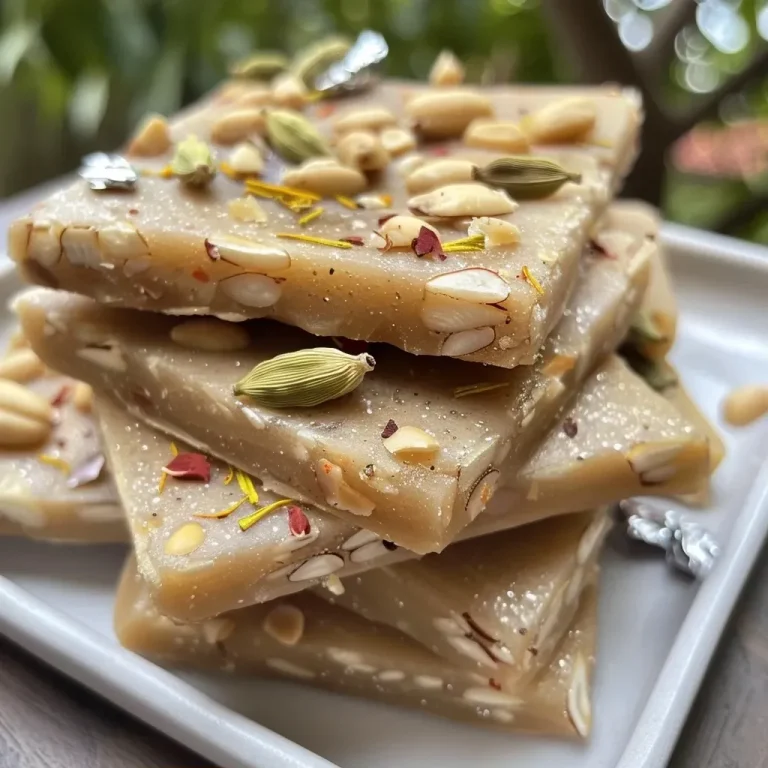 Indulgent Yet Nourishing: Heart-Healthy Kaju Katli You’ll Love Close-up side view of Heart-Healthy Kaju Katli, featuring smooth cashew squares adorned with saffron and edible silver leaf.
