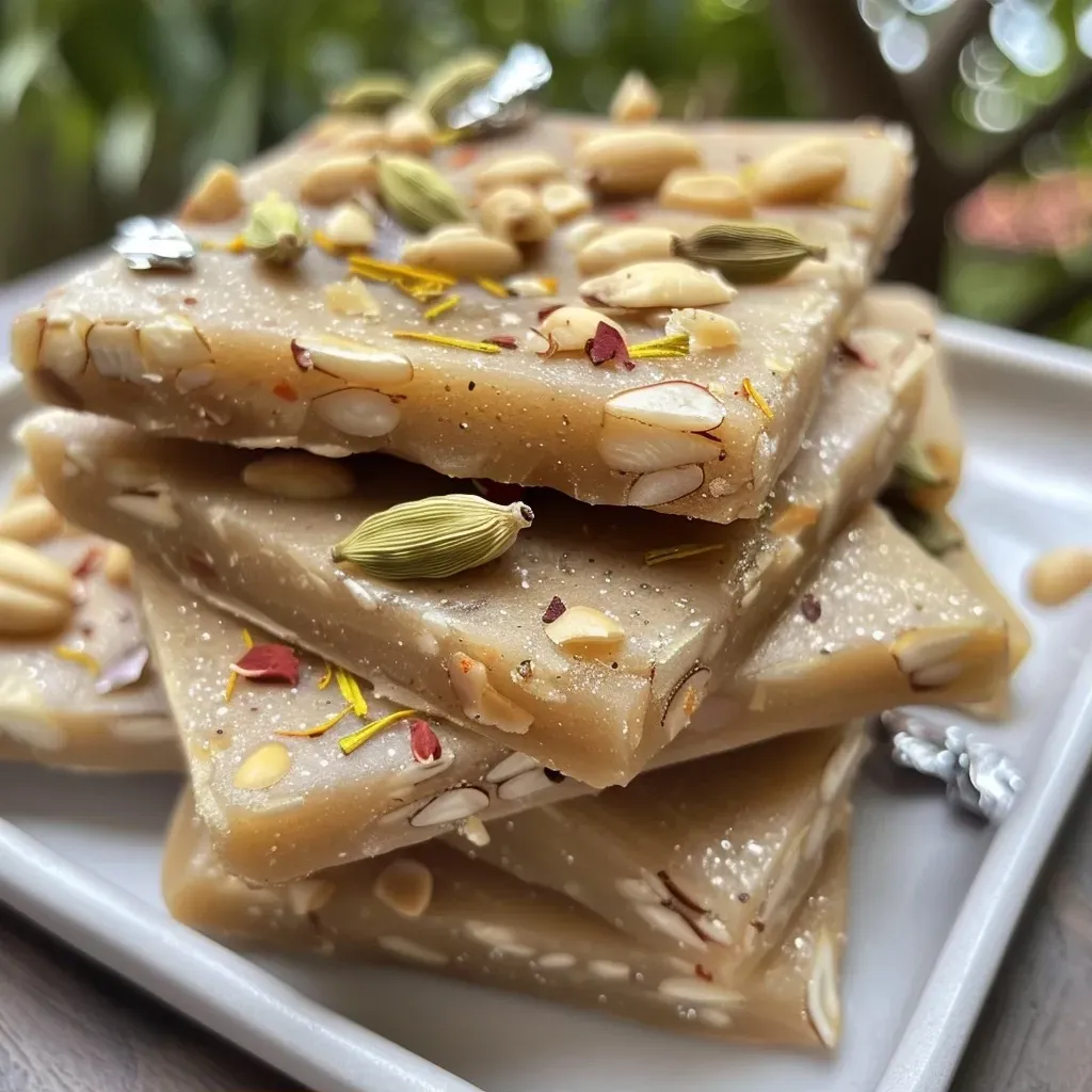 Close-up side view of Heart-Healthy Kaju Katli, featuring smooth cashew squares adorned with saffron and edible silver leaf.