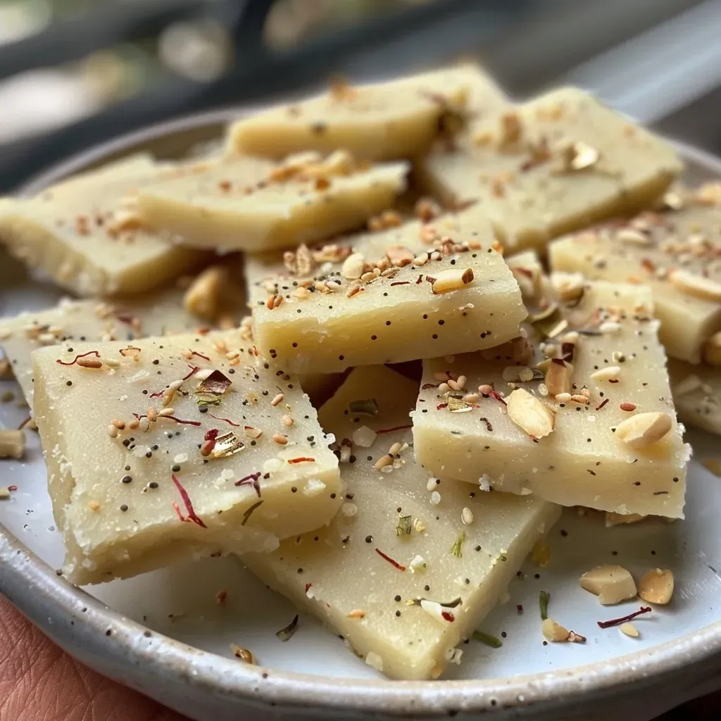 Glorious Heart-Healthy Kaju Katli displayed in a side view, showcasing its smooth texture and vibrant saffron strands.