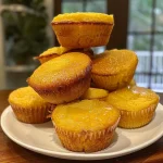 Juicy Honey Butter Cornbread Muffins with a golden crust, side view, displayed on a simple white plate.