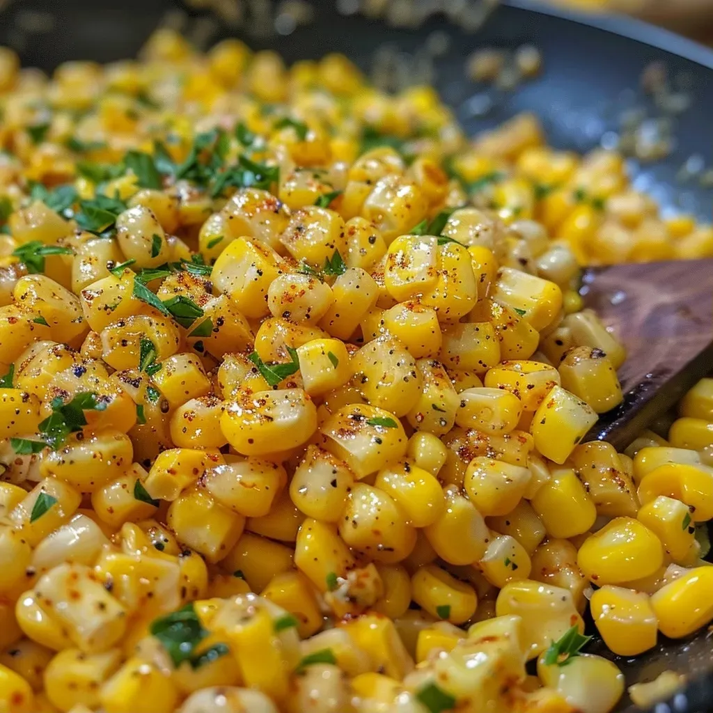 Close-up of honey butter skillet corn in a white dish with a glossy finish.