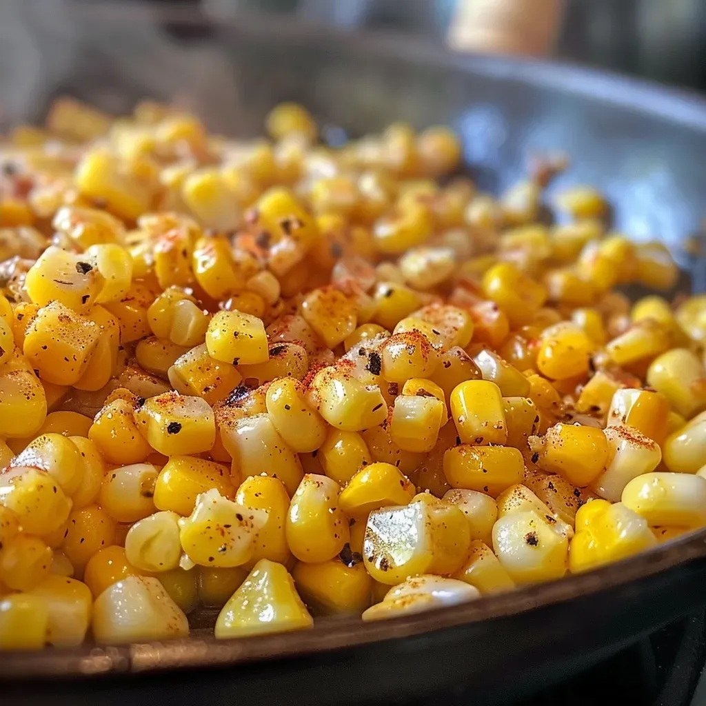 Side view of a skillet filled with golden corn, butter, and honey, garnished with black pepper.