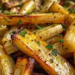 Close-up view of honey roasted parsnips with a golden glaze.