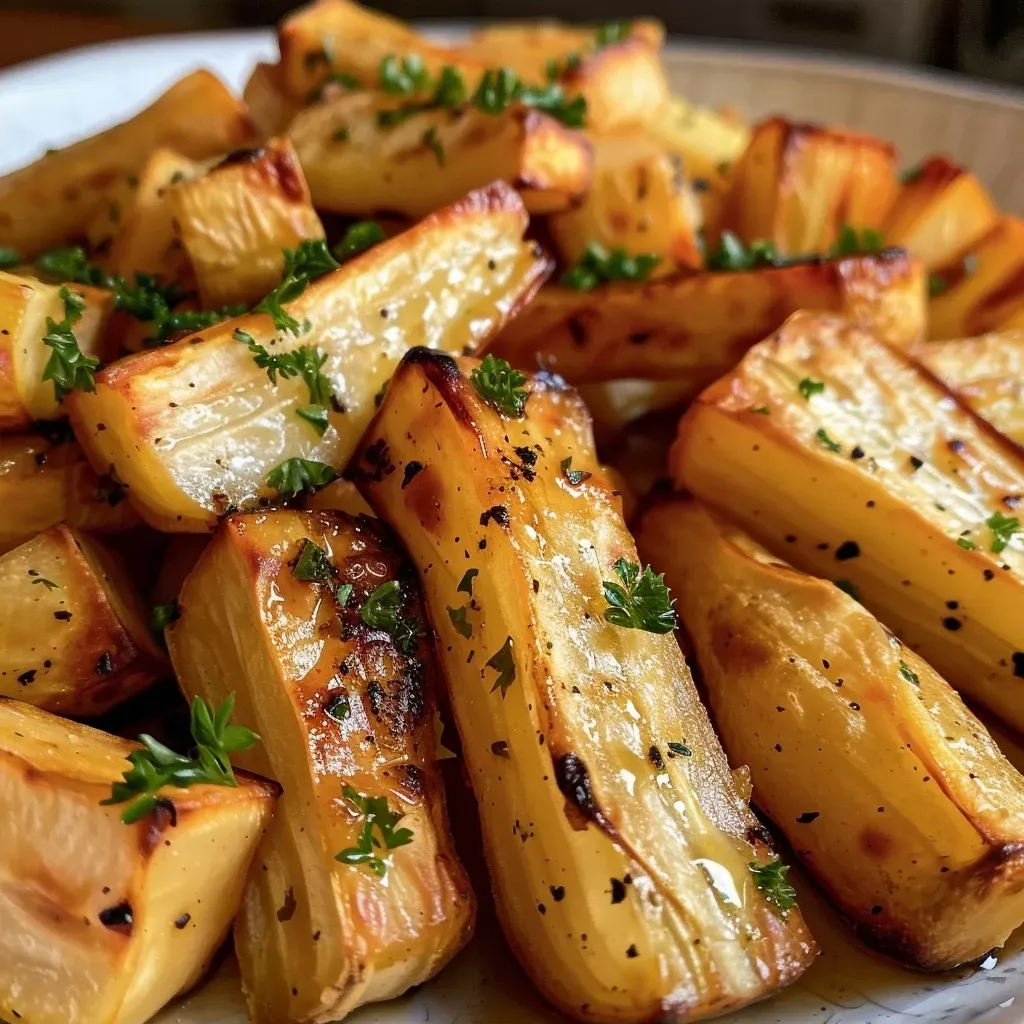 Juicy honey roasted parsnips arranged neatly, garnished with parsley.