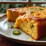 Close-up view of a slice of Jalapeño Cheddar Cornbread with visible jalapeños and cheese.