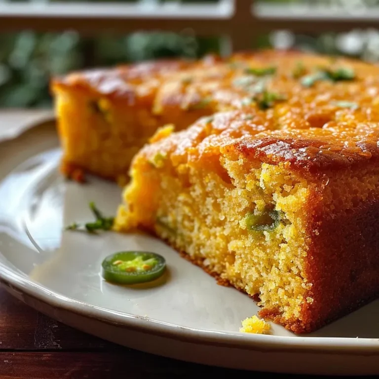 Close-up view of a slice of Jalapeño Cheddar Cornbread with visible jalapeños and cheese.