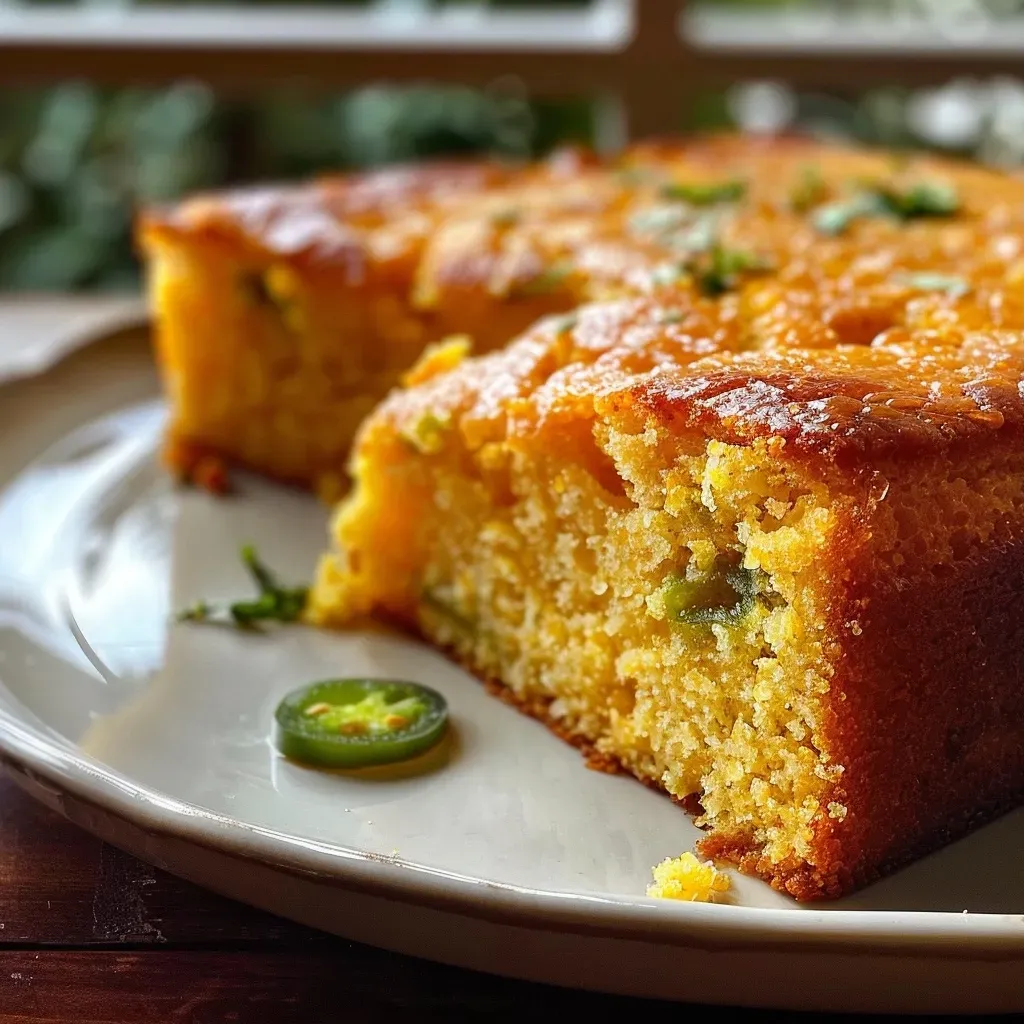 Close-up view of a golden brown jalapeño cheddar cornbread slice showing melted cheese and jalapeños.