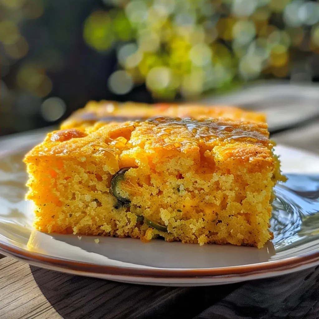 Side view of moist Jalapeño Cheddar Cornbread showing a golden crust and cheesy texture.