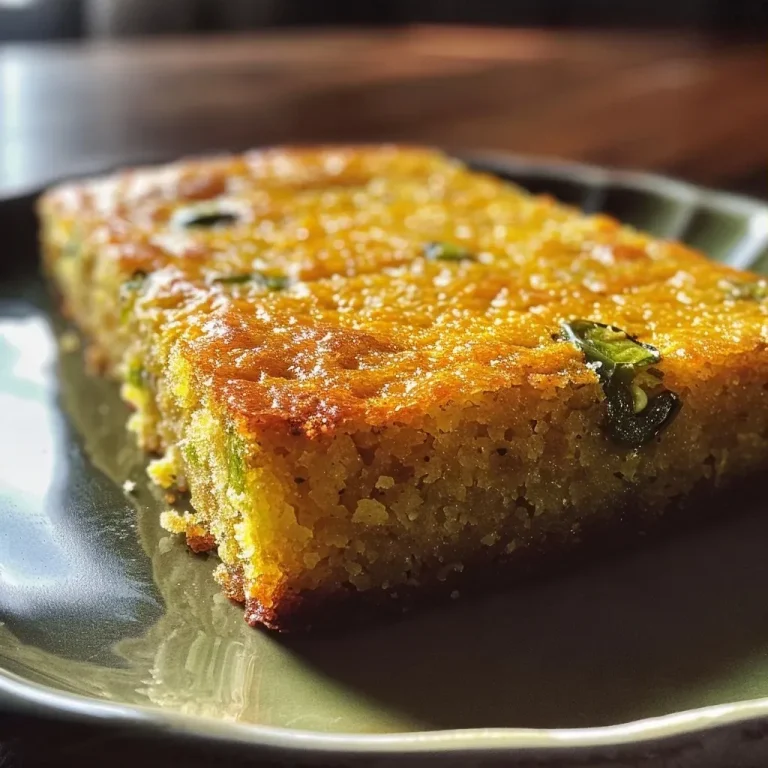 A close-up side view of a slice of Jalapeño Cornbread highlighting its moist texture and green pepper bits.