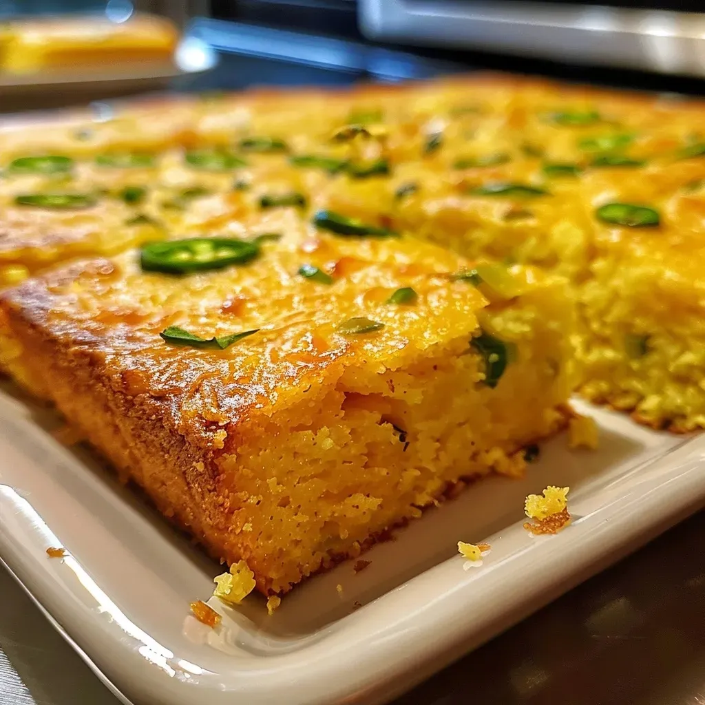A juicy piece of Jalapeño Cornbread with visible jalapeño pieces and melted cheese, taken from a side angle.