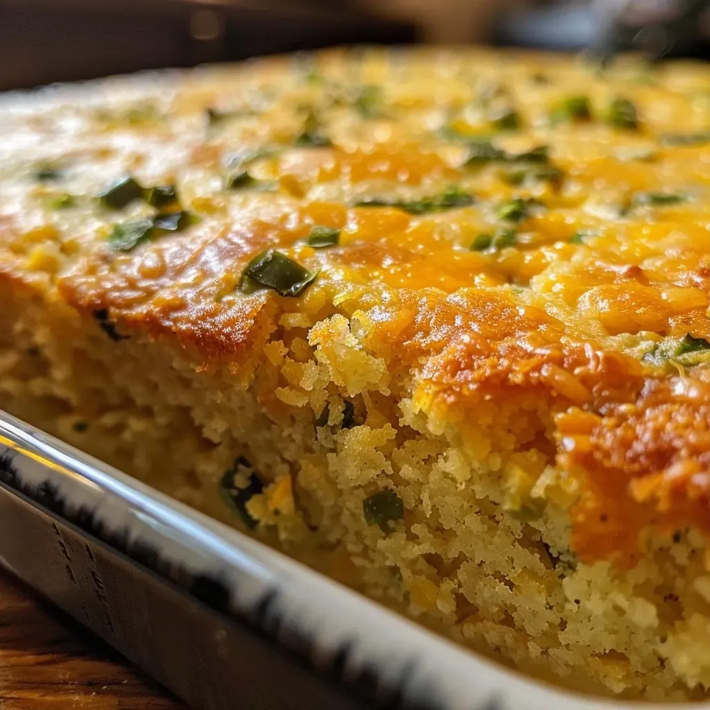 Close-up view of a slice of Jiffy Jalapeno Cheddar Cornbread showcasing a golden crust and green jalapeno bits.
