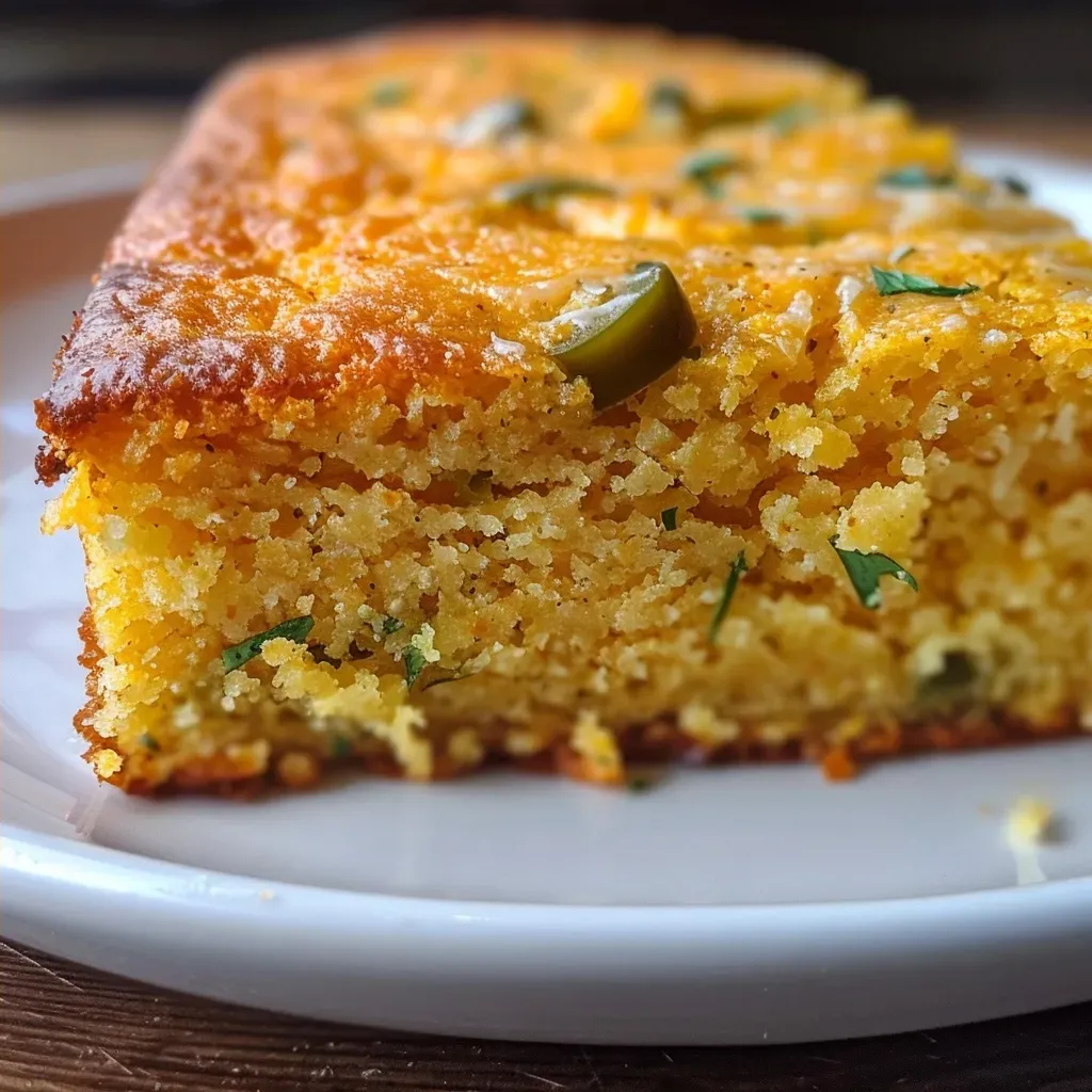 Side view of moist Jiffy Jalapeno Cheddar Cornbread revealing its fluffy texture and melted cheese.