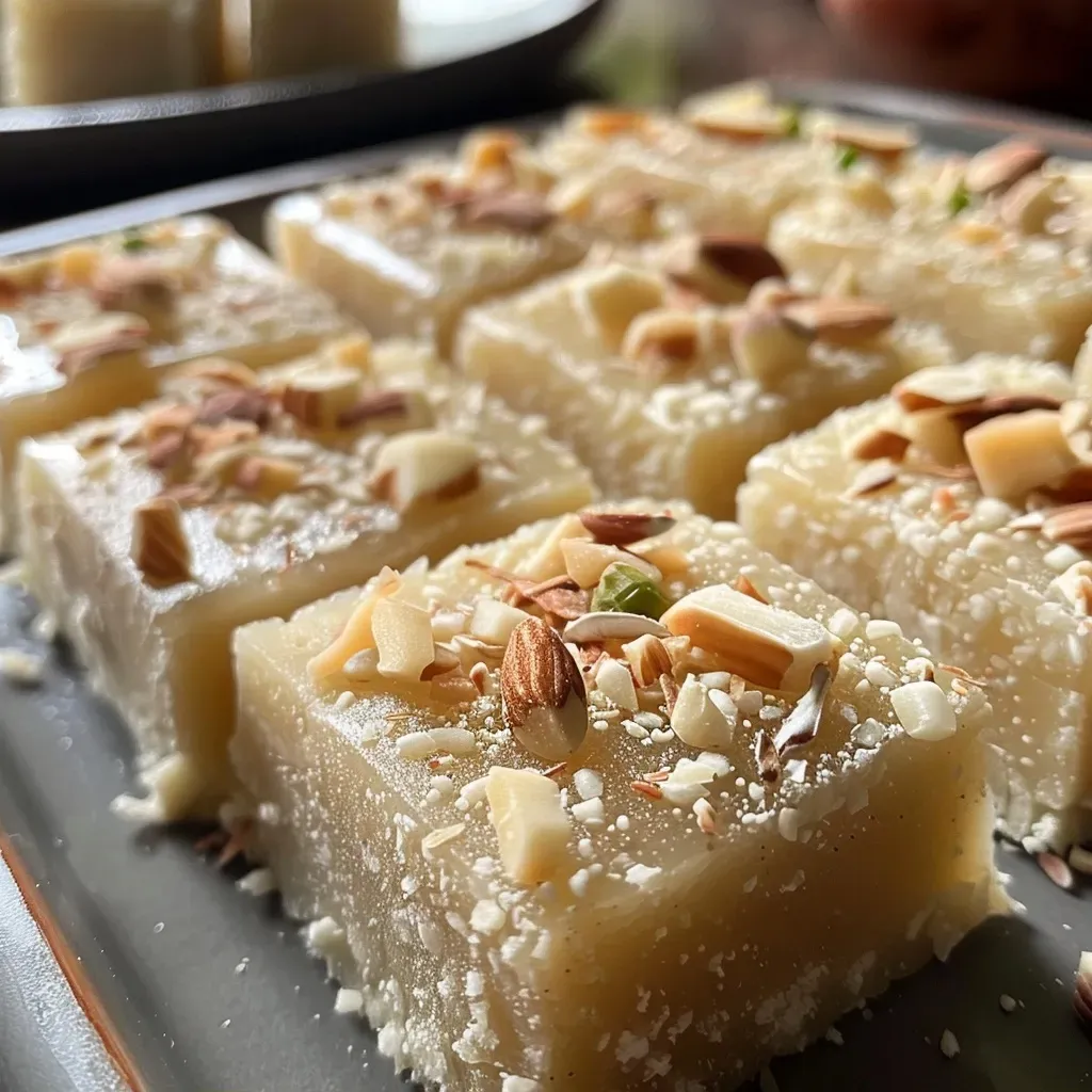 Side view of a piece of Kaju Barfi, highlighting its shiny surface and detailed texture.