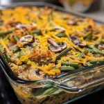 Close-up of a creamy green bean casserole topped with crispy fried onions.