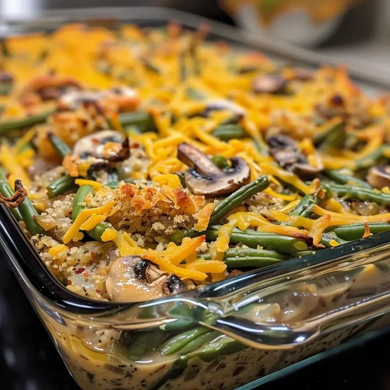 Deliciously Easy Keto Green Bean Casserole for Cozy Nights Close-up view of a Keto Green Bean Casserole with melted cheese and crispy onions.
